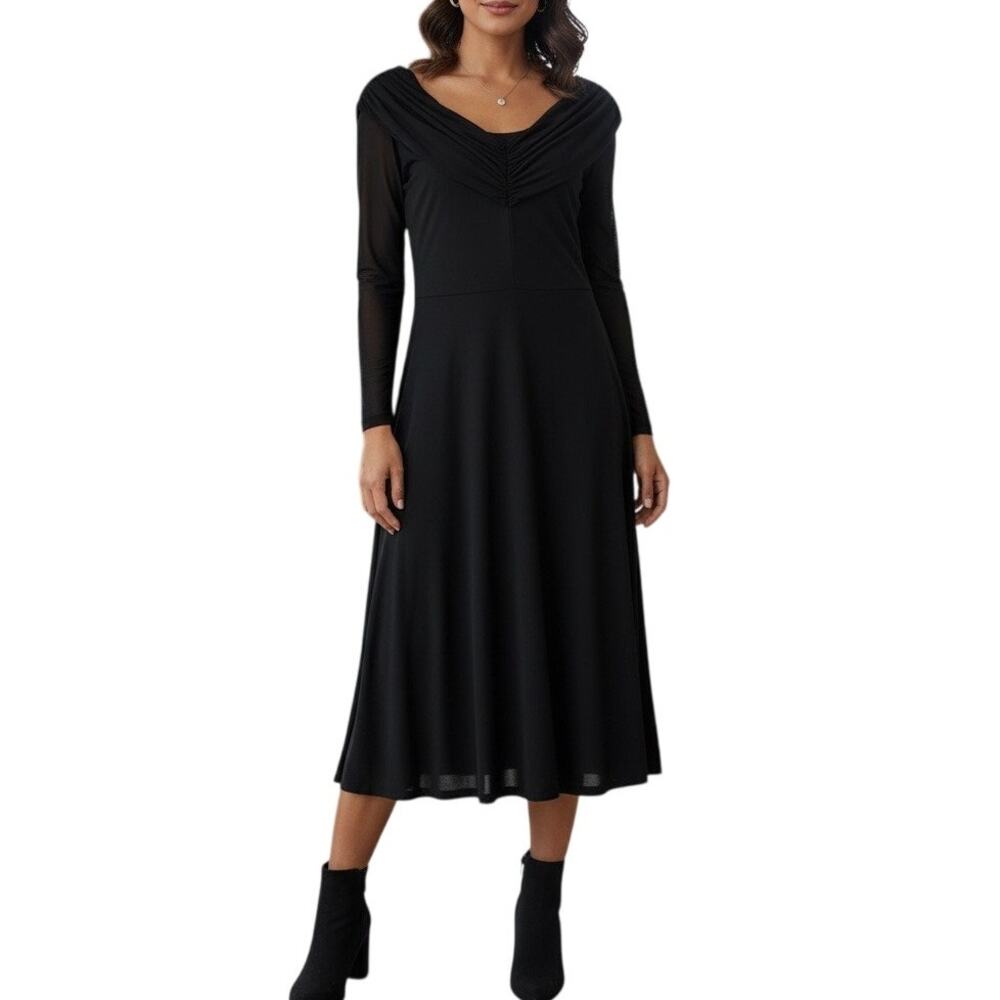 Women’s XL Black Cowl Neck Midi Dress Sheer Mesh Long Sleeve Fit Flare Cocktail